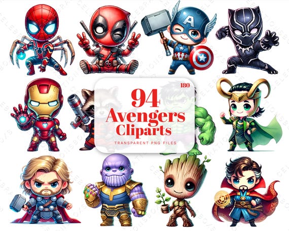Cute Avengers Clipart, Watercolor Superhero Clipart, Hulk, Spider Man, Thor Black Panther, Iron Man PNG, Marvels Superhero PNG, Digital File