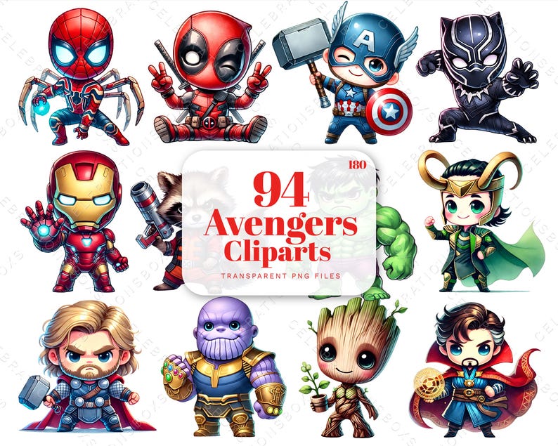 May include: A set of 94 cartoon-style Avengers clipart images. The images feature characters like Spiderman, Deadpool, Captain America, Black Panther, Iron Man, Rocket Raccoon, Thor, Thanos, Groot, and Doctor Strange. The images are in a colorful, vibrant style and are perfect for use in digital projects.