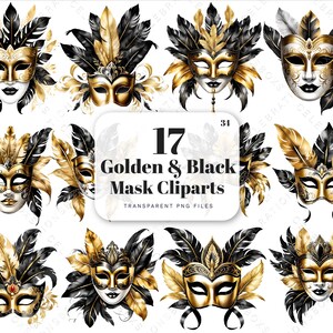 Aquarell golden schwarz Maskerade Clipart, Karneval Clipart, venezianischen Karneval Maske Clipart PNG Bundle, Aquarell Clipart, Scrapbooking