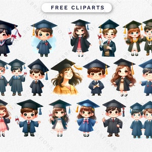 Peut inclure: Un ensemble de 20 illustrations num&eacute;riques de dipl&ocirc;m&eacute;s de dessin anim&eacute; portant des chapeaux et des robes. Les dipl&ocirc;m&eacute;s sont dans diverses poses et expressions, certains tenant des dipl&ocirc;mes ou des fleurs. Les illustrations sont dans un style mignon et fantaisiste, parfaites pour une utilisation dans des cartes de graduation, des invitations ou d'autres projets de c&eacute;l&eacute;bration.