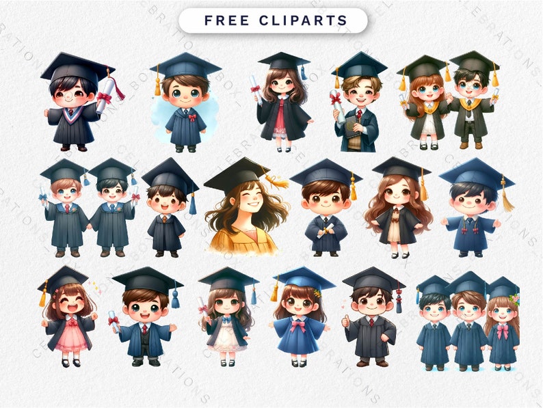 Peut inclure: Un ensemble de 20 illustrations num&eacute;riques de dipl&ocirc;m&eacute;s de dessin anim&eacute; portant des chapeaux et des robes. Les dipl&ocirc;m&eacute;s sont dans diverses poses et expressions, certains tenant des dipl&ocirc;mes ou des fleurs. Les illustrations sont dans un style mignon et fantaisiste, parfaites pour une utilisation dans des cartes de graduation, des invitations ou d'autres projets de c&eacute;l&eacute;bration.