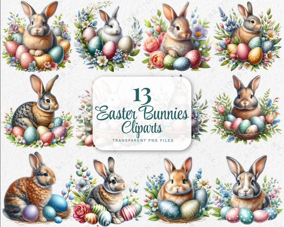 Easter Floral Bunnies Clipart Watercolor Floral Rabbit Graphics PNG Set ...