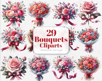 Watercolor Rose Bouquet Clipart, Valentine's Day Floral PNG (Digital Download)