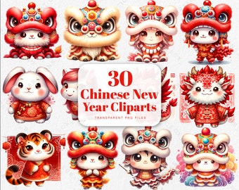 Cute Chinese Lunar Year Clipart Chinese Zodiac Baby Red Dragon Lion Dance New Year Png Traditional Chinese Decor for Kids Greeting Cards