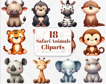 Watercolor Safari Animals Clipart, Baby Jungle PNG (Digital Download)