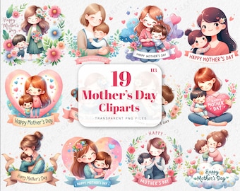 Happy Mother's Day clipart Watercolor Mother and Daughter PNG Cute Mom and Baby Graphic Love You Mommy Clipart for Motherhood Printable Card
