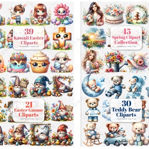 May include: A collection of 39 kawaii Easter clipart images featuring bunnies, chicks, eggs, flowers, and gnomes. The images are in a cartoon style and are perfect for adding a touch of whimsy to your Easter projects.
