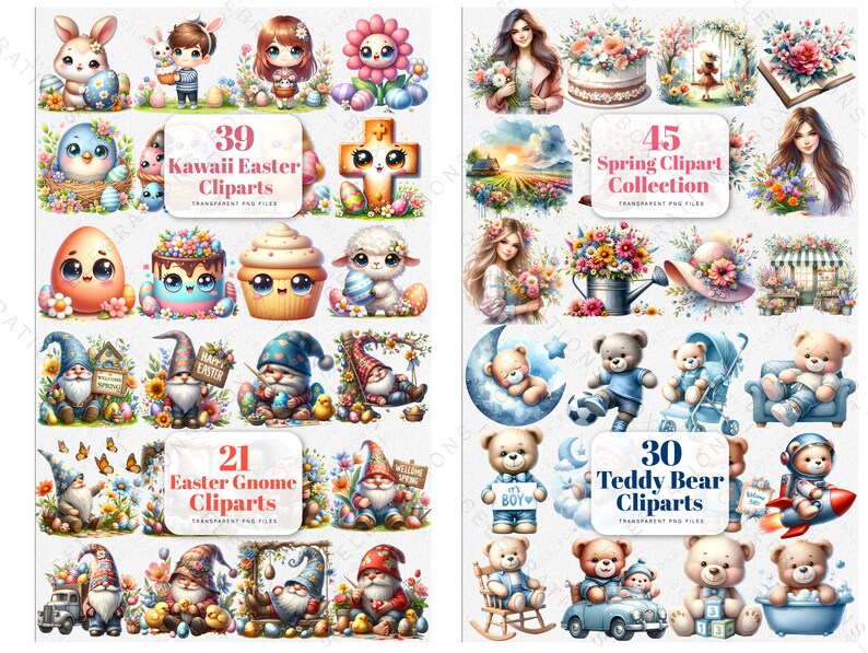 May include: A collection of 39 kawaii Easter clipart images featuring bunnies, chicks, eggs, flowers, and gnomes. The images are in a cartoon style and are perfect for adding a touch of whimsy to your Easter projects.