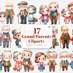 Conjunto de imágenes prediseñadas de abuelos de acuarela, ancianas y ancianos, abuela y abuelo de dibujos animados, parejas de ancianos felices para álbum de recortes de diario basura