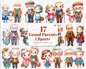 Watercolor Grandparents Clipart Set, old ladies and old mans, Cartoon grandma and grandpa, Happy Elderly Couples for junk journal Scrapbook