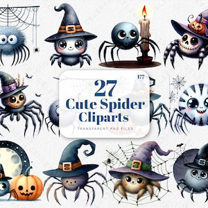 Cute Halloween Spider Clipart, Kawaii Spider, Adorable Halloween Spider SVG, Watercolor Spider Clipart PNG, Witch Hat, Cauldron Art