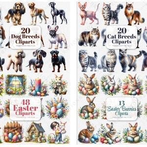 May include: A digital clipart set featuring 20 dog breeds, 20 cat breeds, 48 Easter-themed illustrations, and 13 Easter bunnies. The images are colorful and detailed, perfect for crafting and digital projects.