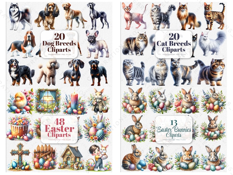 May include: A digital clipart set featuring 20 dog breeds, 20 cat breeds, 48 Easter-themed illustrations, and 13 Easter bunnies. The images are colorful and detailed, perfect for crafting and digital projects.