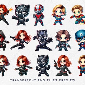 May include: A set of 12 cartoon character illustrations featuring superheroes and villains. The characters are drawn in a chibi style with large heads and small bodies. The characters include Black Panther, Captain America, Iron Man, Thor, Hulk, Spider-Man, Wolverine, Deadpool, and more.
