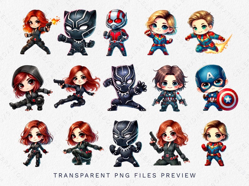 May include: A set of 12 cartoon character illustrations featuring superheroes and villains. The characters are drawn in a chibi style with large heads and small bodies. The characters include Black Panther, Captain America, Iron Man, Thor, Hulk, Spider-Man, Wolverine, Deadpool, and more.