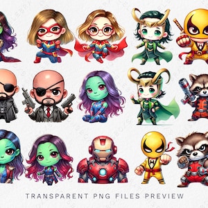 May include: A set of 12 cartoon character stickers featuring characters from Marvel Comics. The characters include Gamora, Captain Marvel, Loki, Iron Man, Rocket Raccoon, and more. The stickers are all in a chibi style and have a transparent background.