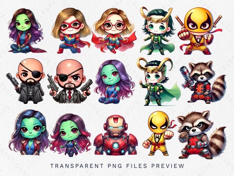 May include: A set of 12 cartoon character stickers featuring characters from Marvel Comics. The characters include Gamora, Captain Marvel, Loki, Iron Man, Rocket Raccoon, and more. The stickers are all in a chibi style and have a transparent background.