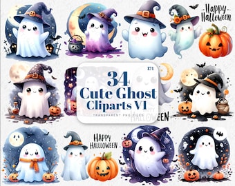 Lindo paquete de imágenes prediseñadas de fantasmas, PNG de fantasmas de Halloween, imágenes prediseñadas fantasmales, imágenes prediseñadas de calabaza, fantasmas de acuarela, gráficos de Halloween, PNG de temporada espeluznante