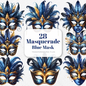 Venetiaanse maskerade blauw masker cliparts aquarel partij carnaval maskers PNG bundel Mardi Gras graphics voor kaart maken papier ambachtelijke afdrukbare