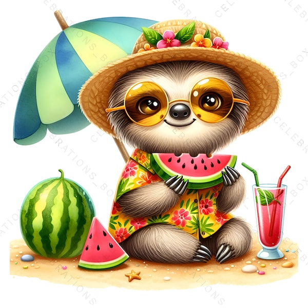 Summer Animals Clipart, Sloth Clipart, Summer Beach PNG, Ocean Graphics Clipart, Animal Vacation, Cute Animals Clipart, Hello Summer PNG