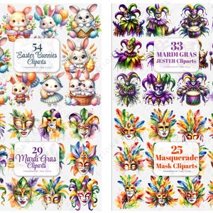 May include: A digital clipart set featuring watercolor illustrations of Easter bunnies, Mardi Gras jesters, and masquerade masks. The set includes 54 Easter bunnies, 33 Mardi Gras jesters, and 25 masquerade masks.