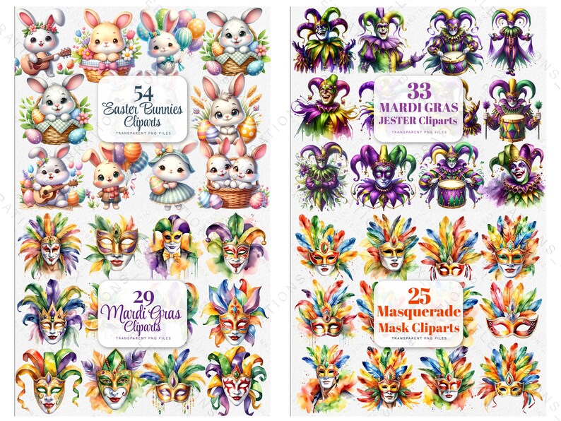 May include: A digital clipart set featuring watercolor illustrations of Easter bunnies, Mardi Gras jesters, and masquerade masks. The set includes 54 Easter bunnies, 33 Mardi Gras jesters, and 25 masquerade masks.