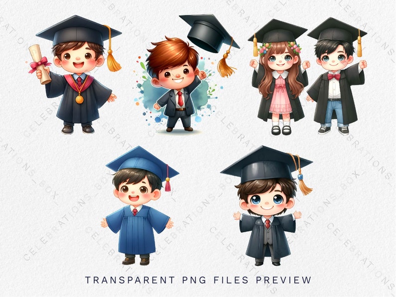 Peut inclure: Six illustrations de dessins anim&eacute;s de dipl&ocirc;m&eacute;s portant des chapeaux et des robes. Les dipl&ocirc;m&eacute;s sont dans diverses poses, notamment en tenant un dipl&ocirc;me, en lan&ccedil;ant leur chapeau en l'air et en souriant. Les illustrations sont dans un style color&eacute; et sont parfaites pour les cartes de v&oelig;ux de dipl&ocirc;mes, les invitations ou autres documents de c&eacute;l&eacute;bration.