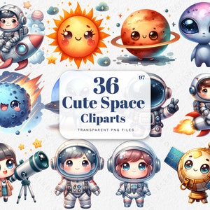 May include: A set of 36 cute space clip art illustrations featuring astronauts, planets, stars, a spaceship, a UFO, and a satellite. The illustrations are in a cartoon style and are perfect for adding a touch of whimsy to any project.