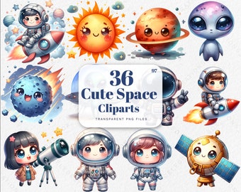 Cute Space Clipart Bundle, Solar System Watercolor PNG (Digital Download)