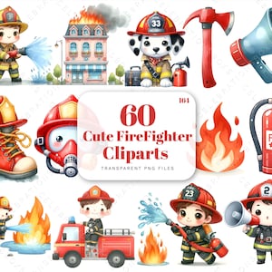 Cute Firefighter Clipart, Watercolor Firetruck Clipart, Helmet, Dalmatian, Extinguisher, Hydrant, Station for Scrapbooking, Card Making