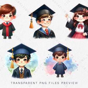 Peut inclure: Quatre illustrations de dessins anim&eacute;s de dipl&ocirc;m&eacute;s portant des chapeaux et des robes. Les dipl&ocirc;m&eacute;s sourient tous et ont des couleurs et des styles de cheveux diff&eacute;rents. Les illustrations sont sur un fond blanc avec des textures de type aquarelle.