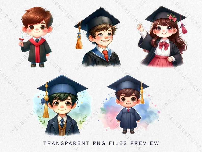 Peut inclure: Quatre illustrations de dessins anim&eacute;s de dipl&ocirc;m&eacute;s portant des chapeaux et des robes. Les dipl&ocirc;m&eacute;s sourient tous et ont des couleurs et des styles de cheveux diff&eacute;rents. Les illustrations sont sur un fond blanc avec des textures de type aquarelle.
