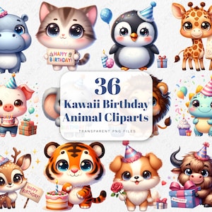 Cute Birthday Animals Clipart Bundle Kawaii Baby Animals with Baby Shower PNG Kawaii Nursery Clipart for Invitation Cards Junk Journal Craft