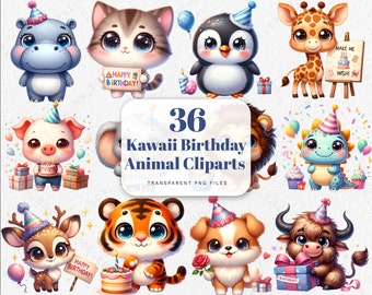 Kawaii Birthday Animals Clipart Bundle (PNG)