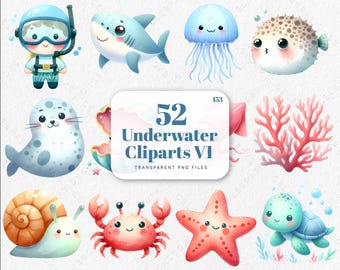 Aquarell Unterwasser Clipart, Unterwasser Clipart, Meerestiere Clipart, Clipart Oktopus, Wal Clipart, Ocean Tier Clipart