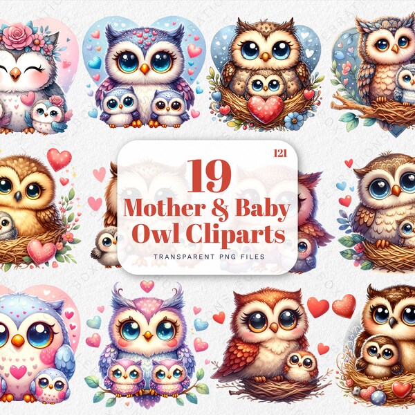 Watercolor Mother and Baby Owl Clipart Mother's Day Clipart Mom and Baby PNG Cute Woodland Owl Graphics For sublimation scrapbook invitation