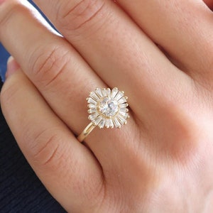 14K Gold Baguette Moissanite Diamond Cluster Ring: Sunflower Wedding Ring