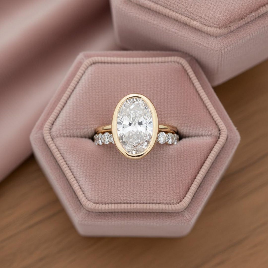 3CT Oval Moissanite Engagement Ring Set, 18K Solid Gold Bridal Wedding ...