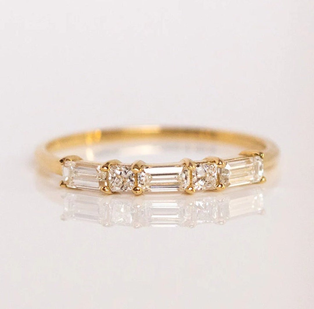 14k Solid Gold Baguette Half Eternity Ring Alternating Baguette Wedding ...