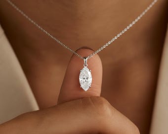 Marquise Cut Solitaire Pendant Necklace / Marquise Cut Moissanite Diamond Necklaces for Women / Solid Gold Necklace / Bridal Jewelry