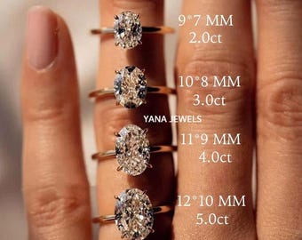 May include: Four gold rings with oval-cut diamond center stones are displayed on a finger. The rings vary in size, with measurements and carat weights listed: 9*7 MM 2.0ct, 10*8 MM 3.0ct, 11*9 MM 4.0ct, and 12*10 MM 5.0ct. The brand name "YANA JEWELS" is also visible.