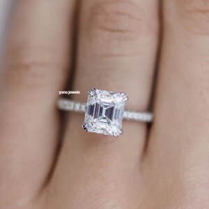 Ascher Cut Moissanite Engagement Ring: 14K White Gold Hidden Halo