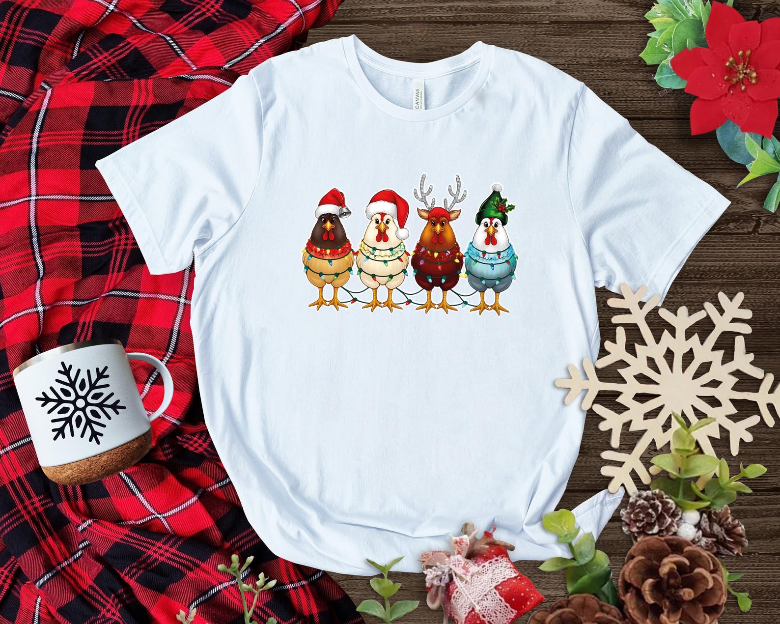Festive Chicken Christmas Tshirt, Holiday Chicken Tee With Santa and