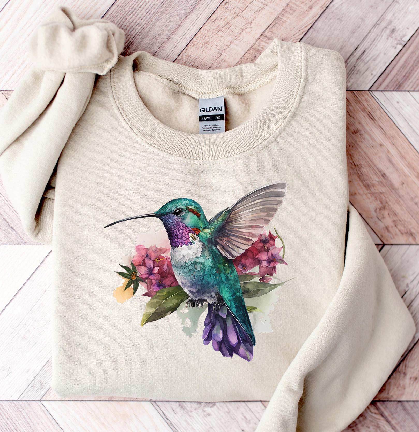 Hummingbird and Flowers Sweatshirt, Vibrant Animal Sweatshirt, Nature Inspired Hoodie, Colorful Bird and Flowers Hoodie, Hummingbird Hoodie