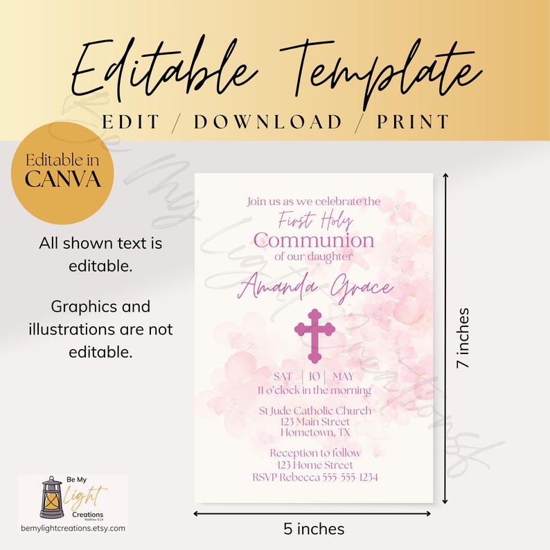 Editable First Holy Communion Invitation for Girls Pink Watercolor ...