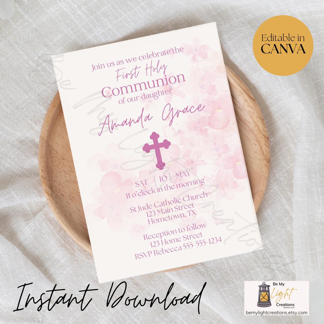 Editable First Holy Communion Invitation for Girls Pink Watercolor ...