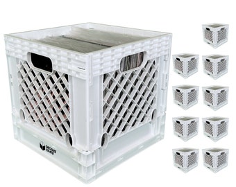 Vinyl Record Storage Crate for 12" Vinyl LP Collapsible and Stackable Milk Crate in White - 10 Pack - By Groove Crate