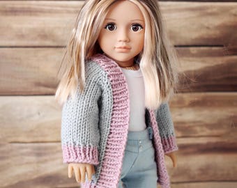 Hand Knit Grey and Pink Doll Cardigan: Fits 18 Inch Dolls
