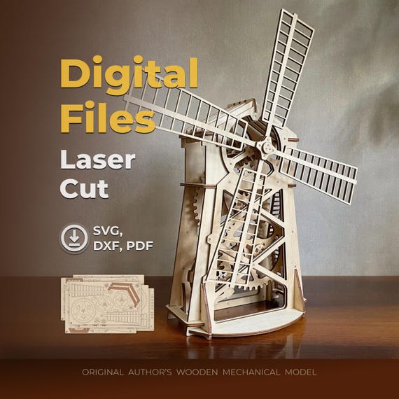 Mill – Laser Cut File, Wooden mechanical model, SVG DXF plans for laser cutting machines, vector files