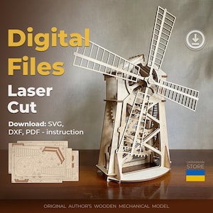 Mill – Laser Cut File, Wooden mechanical model, SVG DXF plans for laser cutting machines, vector files